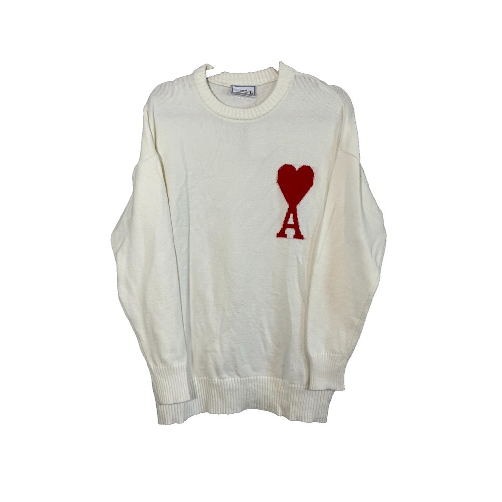 AMI Paris Wool Sweater L Cream Luxury Heart Preppy Maximalist Modern Classic